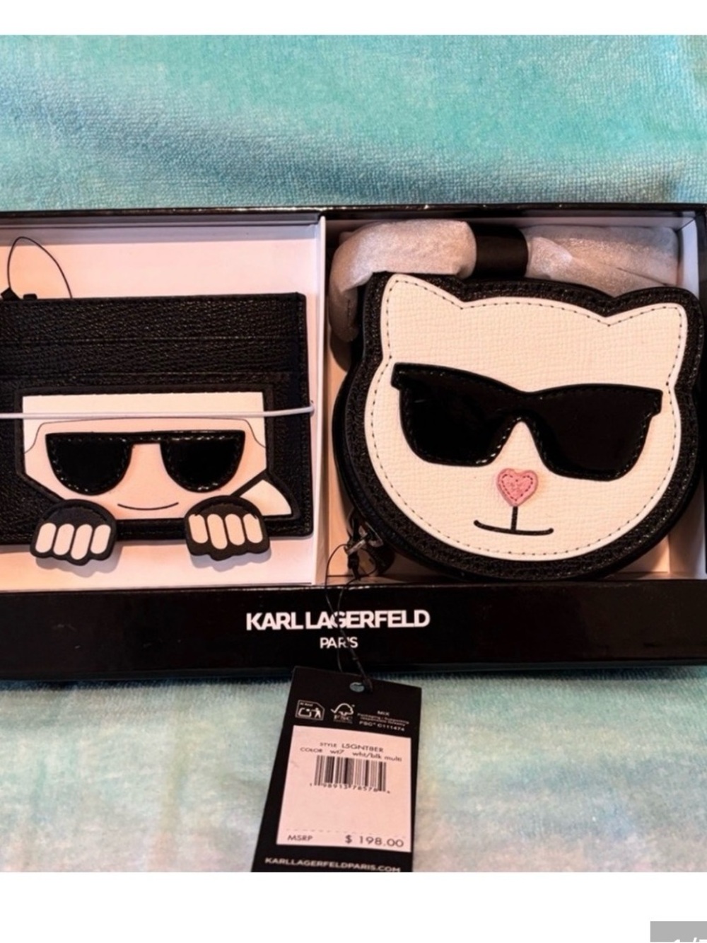 NWTS Karl Lagerfeld Womens Black & White Cat Coin Purse and Card Holder Set